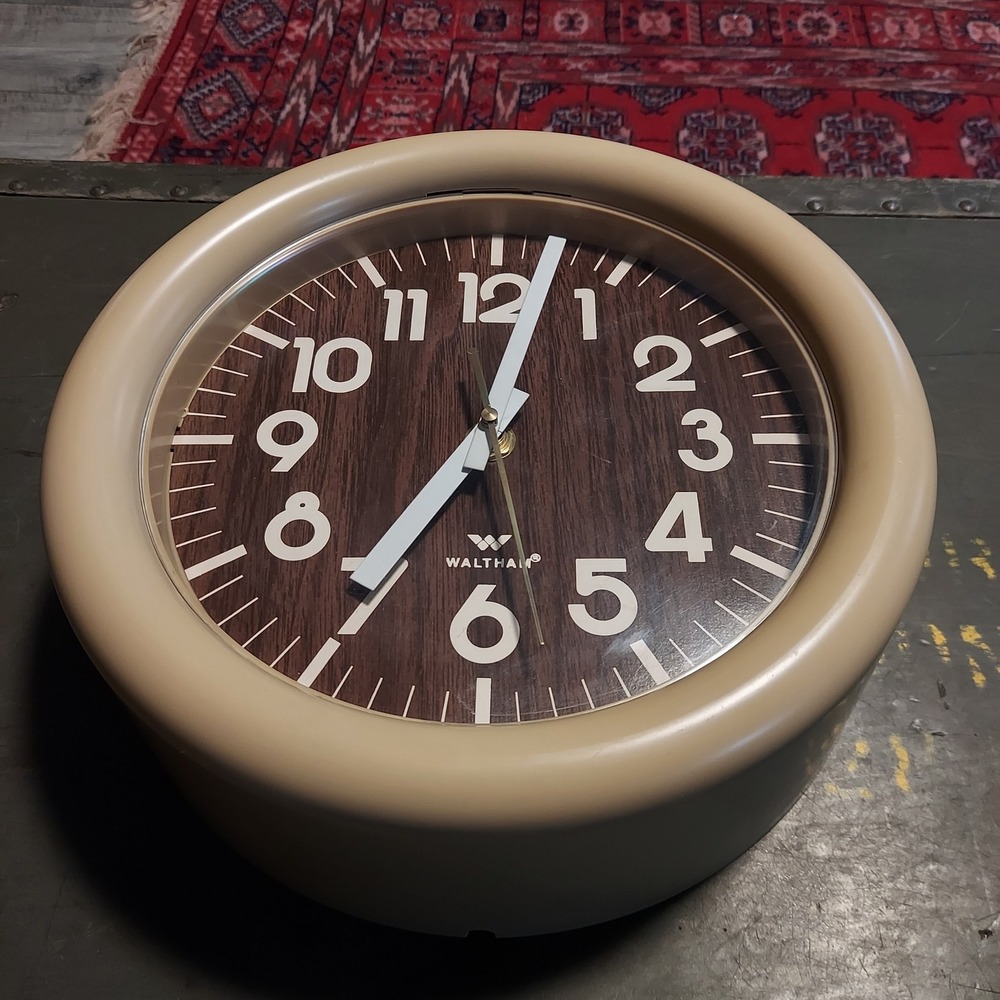 Vintage Waltham Wall Clock Tan Wood Grain Face Mid Century Modern 10 Inch Retro